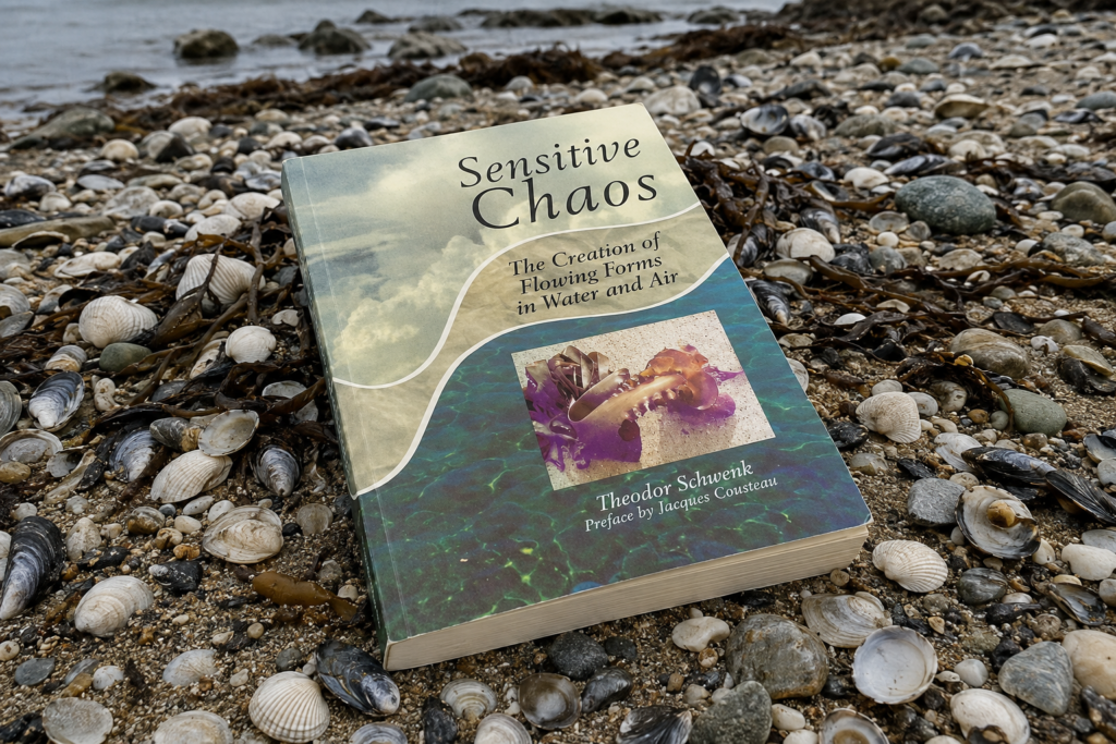 A paperback copy of Sensitive Chaos resting on a shell-filled Maine shore