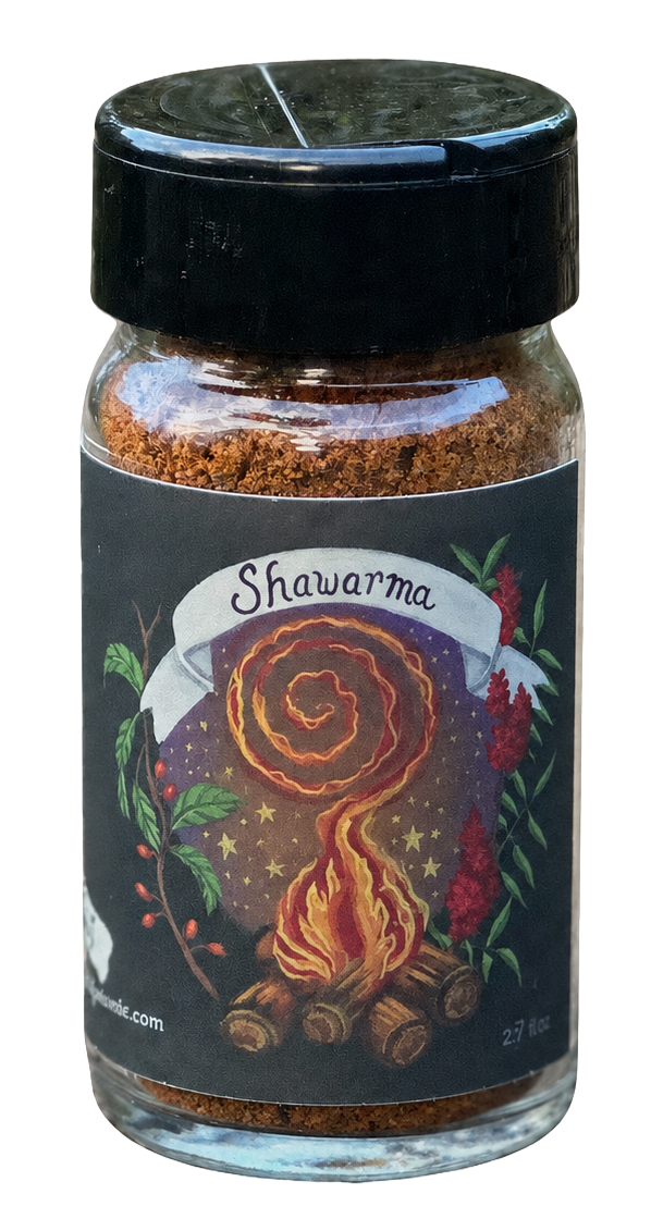 A bottle of Shawarma Spice Blend which includes Staghorn Sumac from Dark Hollow Biodynamic