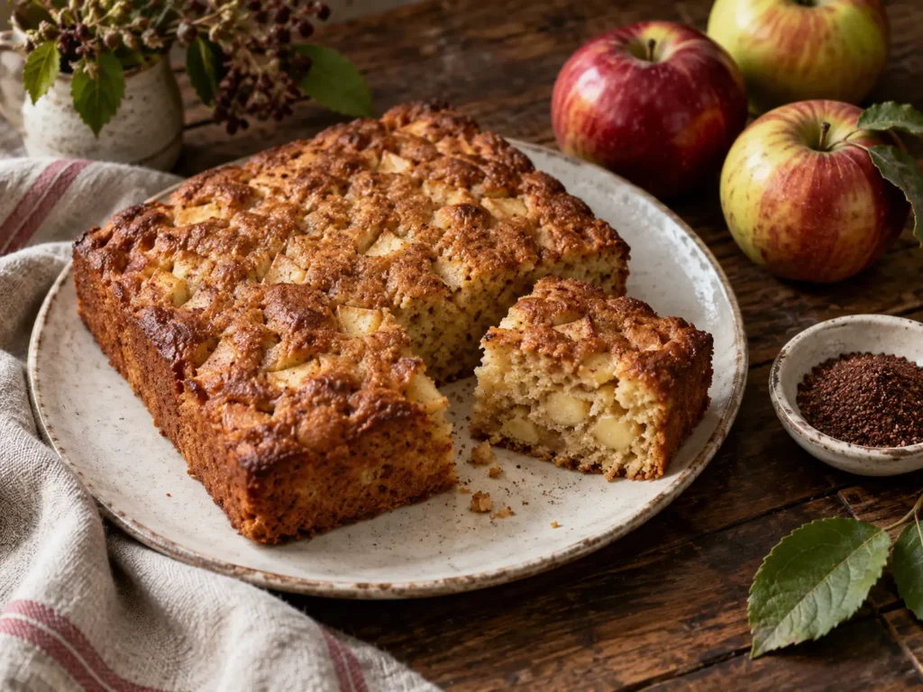 A rustic apple spicebush cake with fresh apples and spicebush berry powder