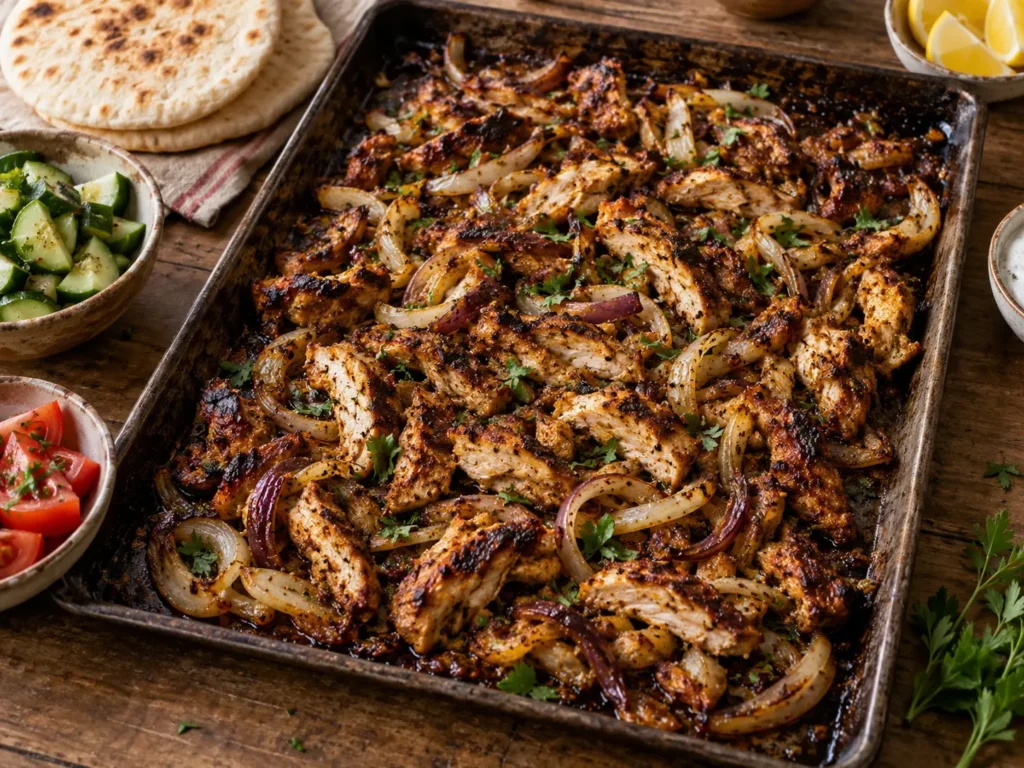 Sheet-pan chicken shawarma roasted with onions and served with pita and vegetables