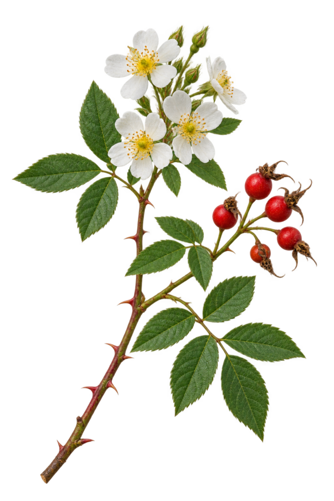 Multiflora rose twig with white flowers, red hips, and compound leaves