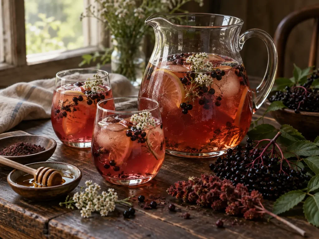 Wild Rose Sangria with elderberries, sumac, yarrow flowers, and local honey