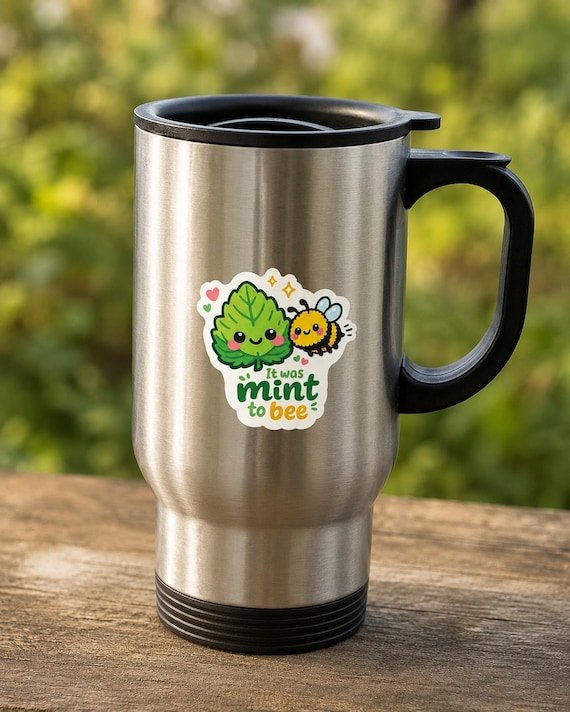 Mint Leaf Bumblebee Pun Sticker | Kawaii Vinyl Decal (3" x 2.67")