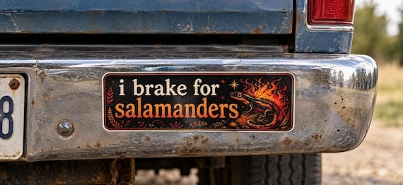 I Brake for Salamanders Bumper Sticker | Fire Salamander Nature Decal 7.5” × 2.75”