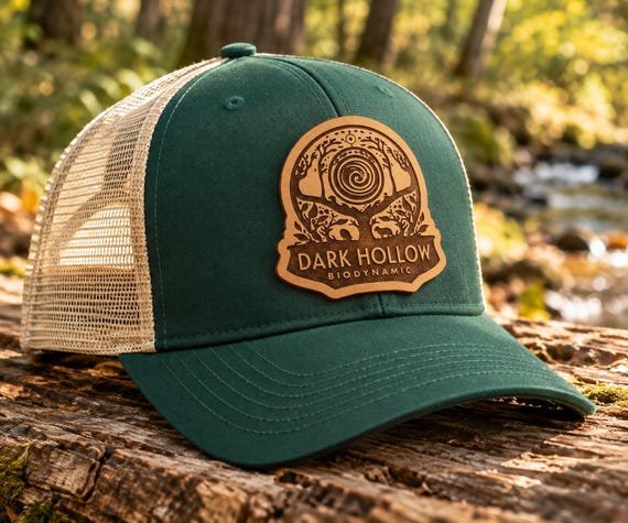 Dark Hollow Biodynamic Trucker Hat | Genuine Leather Patch | Organic Cotton Eco Farm Cap | Gardener & Homesteader Hat